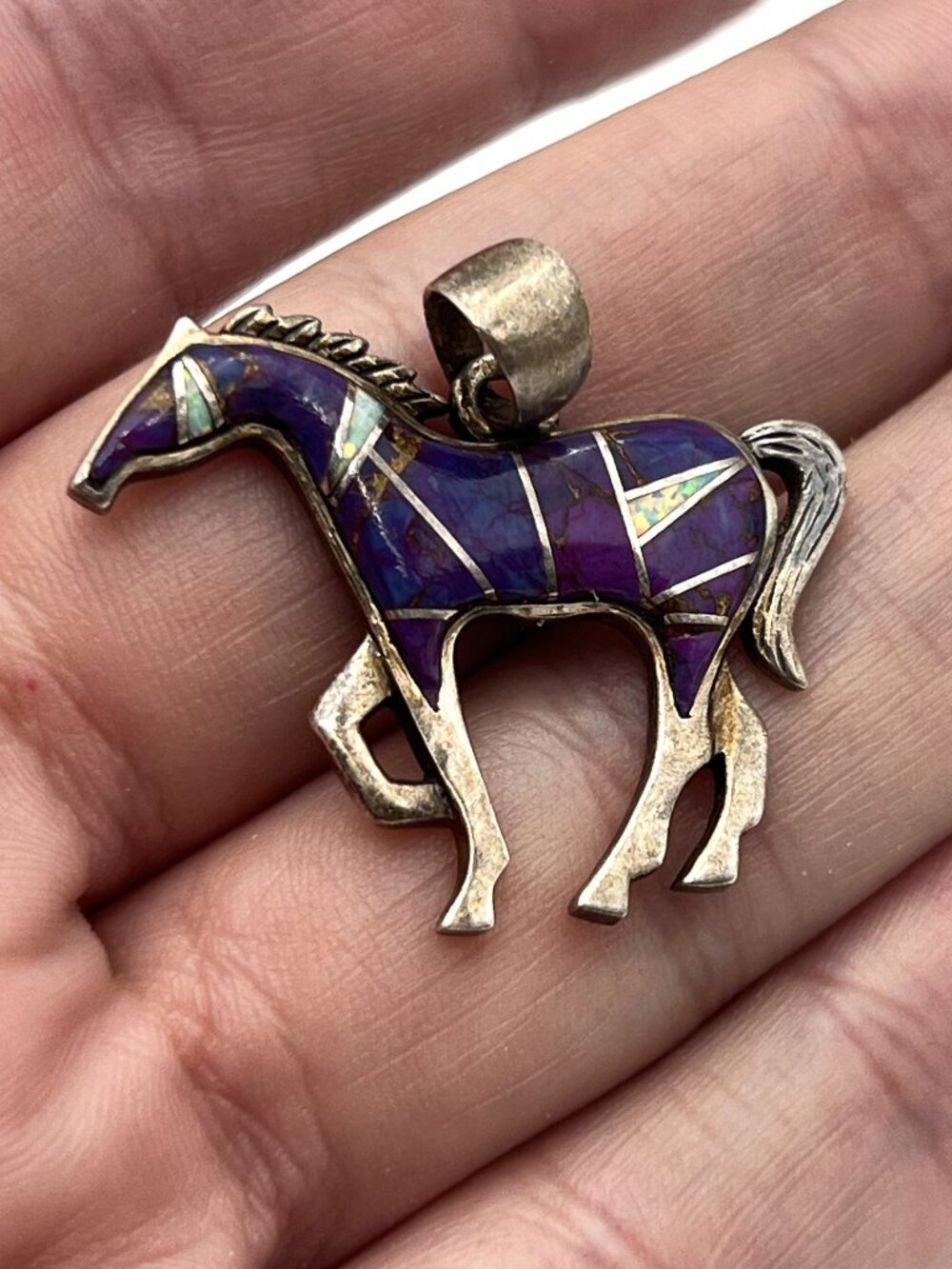 925 Sterling Silver Mojave Turquoise Opal Inlay Southwestern Horse Pendant